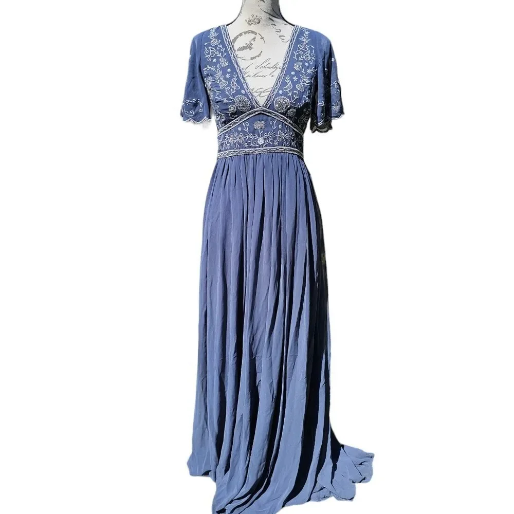 NWOT Anthropologie BHLDN Gray Fresna Short Sleeve V-Neck‎ Beaded Maxi Dress 8